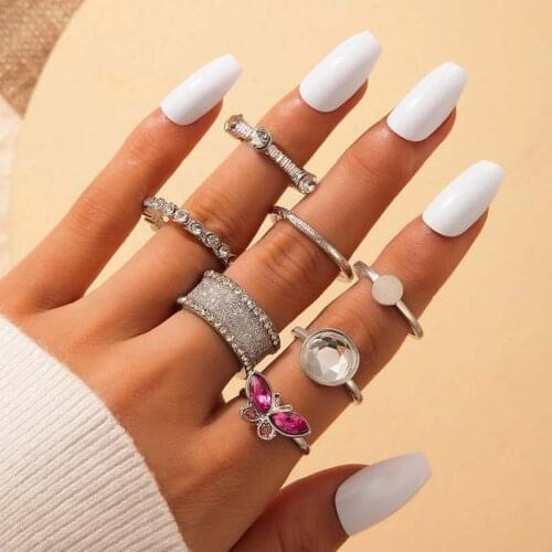 Tocona 7Pcs/Set Luxury Woman Silver Color Rings Butterfly Crystal Stone Knuckle Ring Set Party Jewelry Wedding Accessories 9011