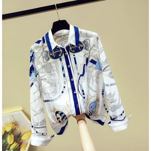 NEW 2020 Autumn Womens Turn Down Collar Long Sleeves Runway Style Print Shirt Female Office Ladies Shirts Blouse Tops A3659