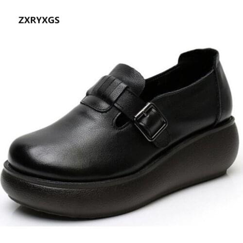 2021 New Spring Top Cowhide Wedges Thick Bottom Heighten Shoes Women Genuine Leather Shoes Fashion Casual Shoes High Heels