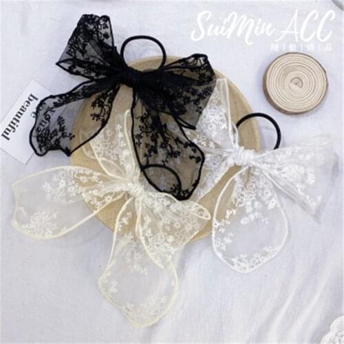 Women Hair Ties Elastic Rubber Bands Girl Lace Bow Knot White Black Korean Scrunchies Head Accessories Handmade Wholesale