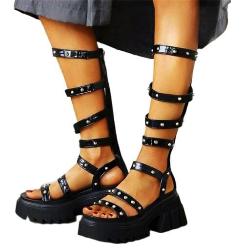 Sexy Party Pumps Gladiators Womens Spike Studded Strappy Summer Knee High Sandals Boots Platform Creepers Goth Punk Open Toe