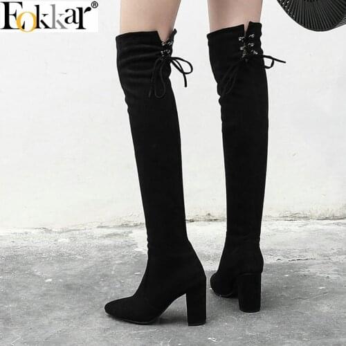 Eokkar 2018 Women Boots Women Over Knee High Boots Square High Heel Pointed Toe Black Flock Women Shoes Winter Boots Size 34-43