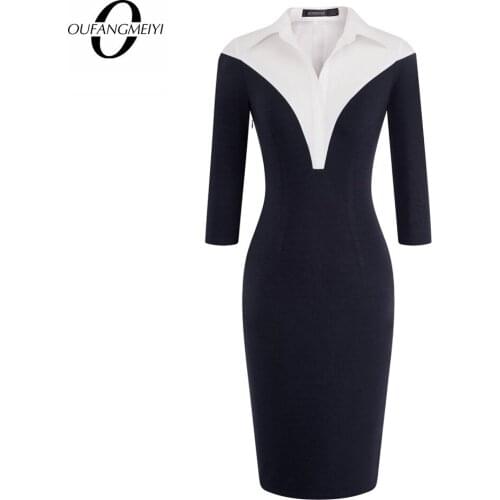Retro Women Classic Patchwork Turn-down Collar Office Lady Business Elegant Bodycon Pencil Dress EB420
