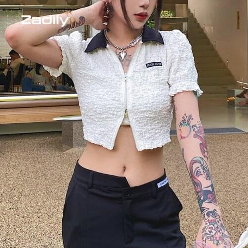 Zadily Y2K Street Short Sleeve Folds Women White Shirt Patchwork Zipper Slim Crop Top 2021 Summer Sexy Party Female Clothing