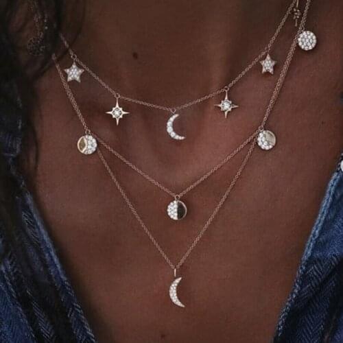Miss JQ New Multilayer Crystal Moon Pendant Necklaces For Women Vintage Charm Choker Necklace Statement Party Jewelry Accessorie