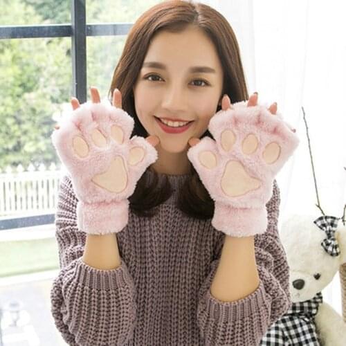Winter Women Cute Cat Claw Paw Plush Mittens Warm Soft Girls Warm Short Fluffy Bear Cat Kawaii Half Finger Fingerless Gloves