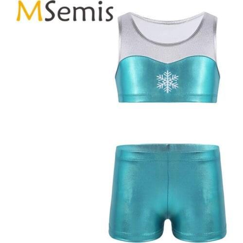 2PCS Kids Girls Tankini Gymnastics Leotard Girls Ballet Tankini Shiny Snowflake Embroidery Tank Top with Bottoms for Gym Workout