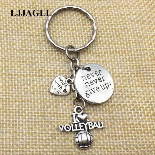 2pcs Never Give Up Volleyball Love Key Chain Trinket Metal Keyring Silver I Love Volleyball Keychain Jewelry Findings Make