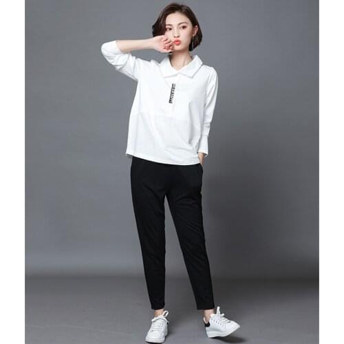 2020 5XL Plus Size Shirt Women Cotton Casual Top Tees Female Loose Pants Spring Elastic Waist Pants Two Piece Set WXF706