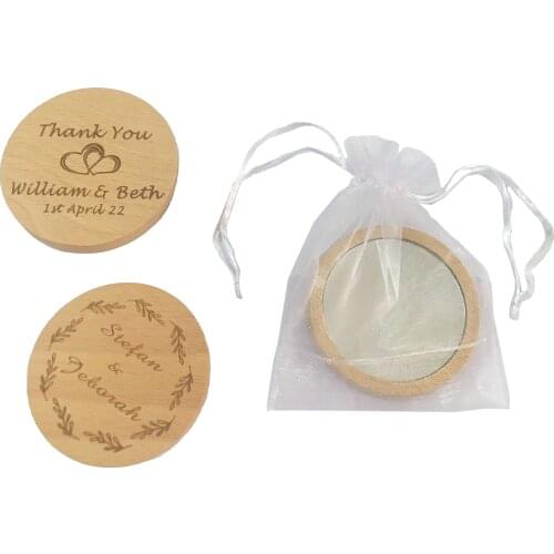 6pc Personalized Wooden Make-Up Mirror Wedding Gift Souvenir Bridal Shower Favors Portable Purse Mini Wood Mirrors 70mm