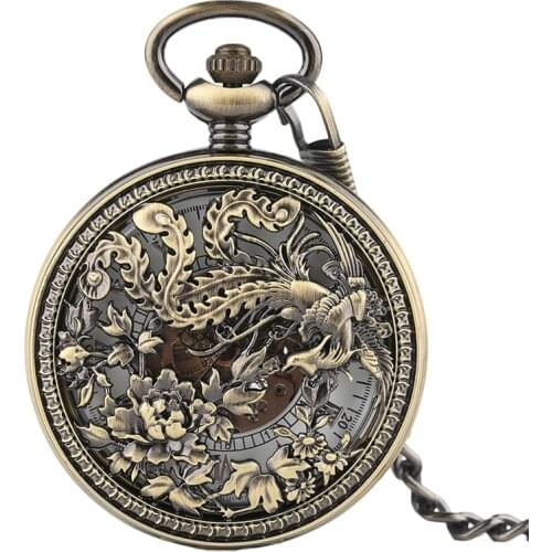 Vintage Exquisite Carving Phoenix Automatic Mechanical Pocket Watch Chain Women Fob Watches Fashion Retro Copper Hollow Clock