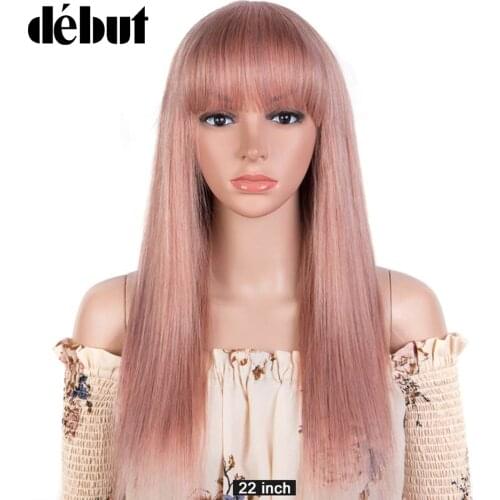 Debut Glueless Wigs Straight Human Hair Bangs Wig 100% Remy Human Hair Wigs 28 Inches Pink Color Cheap Full Machine Made Wigs