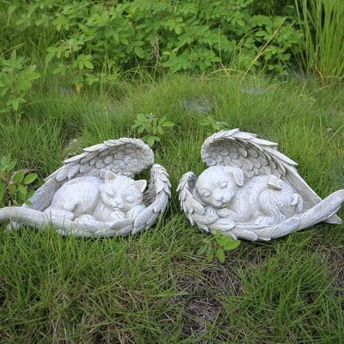 Sleeping Animal Figurine Cute Dog Cat in Angel Wing Statue Memorial Pet Stones for Home