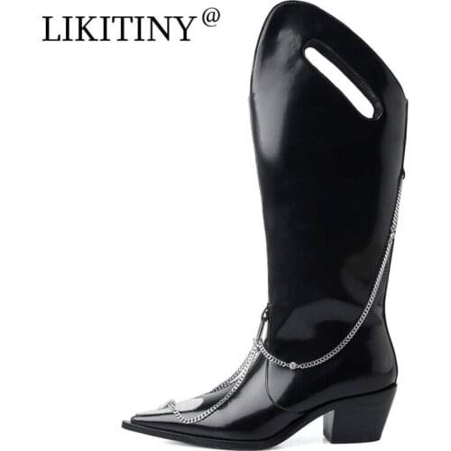 LIKITINY 2021 Autumn Fashion Chunky Heels Pointed toe Slip on Womens shoes Black Genuine leather Metal Chain Knee high boots