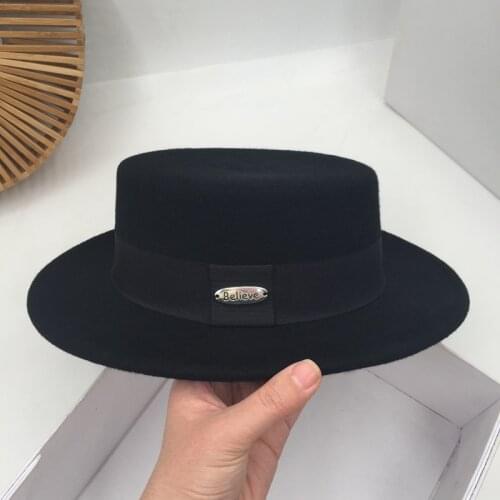 Fedora flat-topped hat socialite black hat ins new fashion wool felt hats for women famale caps