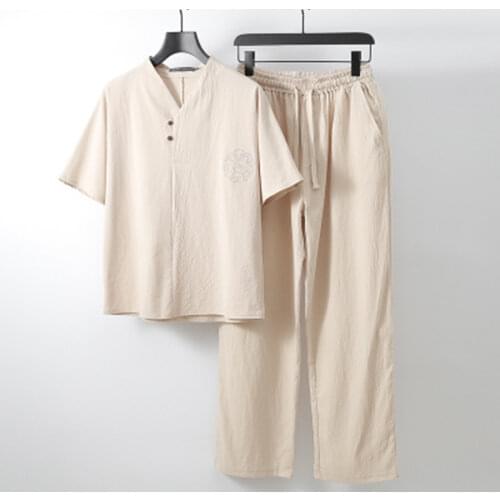 Two Piece Mens Clothing Large Size Tracksuit Husband 2021 Summer Suit Linen t-shirt Fashion Male Set Chinese Style