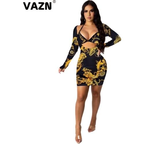 VAZN New 2021 Striped Print O-neck Chic Ladies Slim Elegant Shinny Bandage Dress Full Sleeve Sheath Dresses