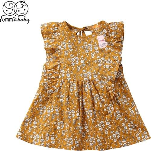 Newest Retro Girl Floral Dress Summer Fly Sleeve Princess Party Yellow Kid Dresses Cute Baby Girl Clothes
