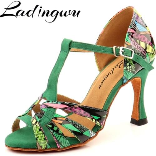 Ladingwu Hot Brand Latin Dance Shoes Salsa Women Girls Comfortable Dance Shoes Sandals Colorful Geometric Print Pattern Shoes