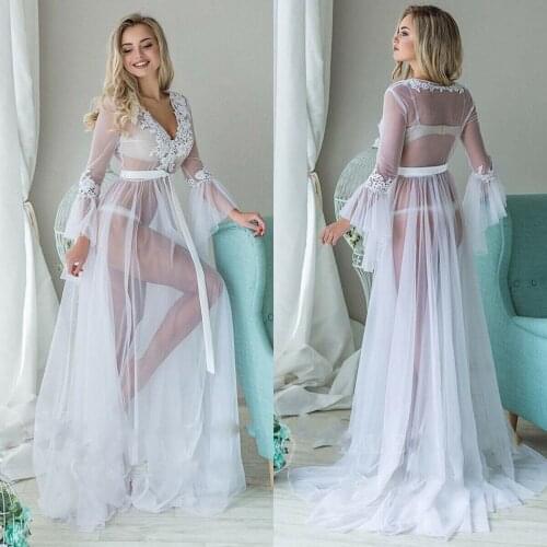 Sexy Women Lingerie Lace Cover ups Babydoll Long Flare Sleeve See-through Mesh Sheer Ladies Floral V neck Long Robes Dress