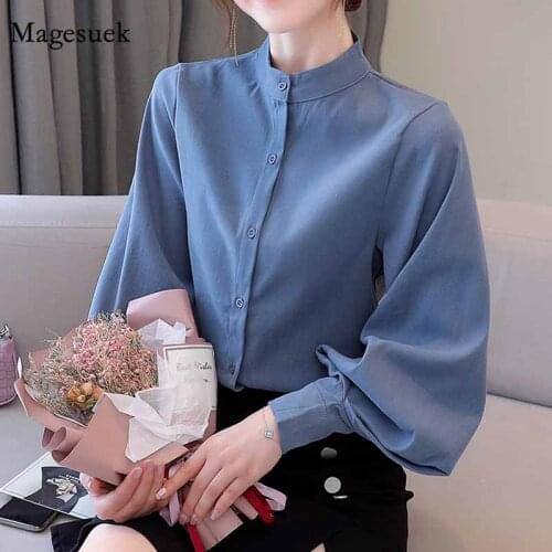Silk Satin Solid Stand Collar Womens Shirt Autumn Women Lantern Long Sleeve Single Breasted Elegant Office Lady Blouse 11506