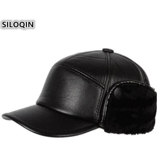 SILOQIN Plus Velvet Earmuffs Hats New Winter PU Mens Thick Warm Baseball Caps For Middle-aged Men Brand Leather Cap Dads Hat