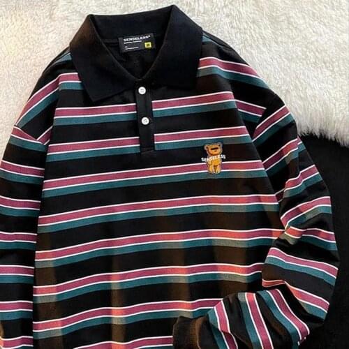 New High Quality England Style Cartoon Avocado Green Striped POLO Collar Sweatshirt Oversized Long Sleeve Tops Clothes for Teens