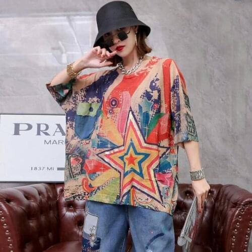 2110 New Summer Short Sleeve Knitted T-shirt Vintage European Pullover Women Print Streetwear Style Oversized Women Tops