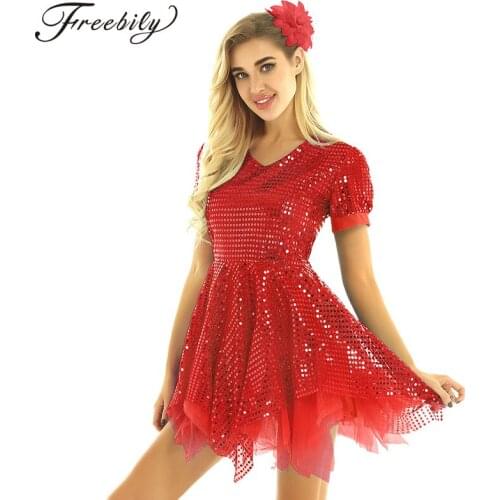 Women Shiny Sequins Asymmetrical Mesh Tulle Latin Dress with Flower Hairclip Set Stage Performance Modern Dance Costume