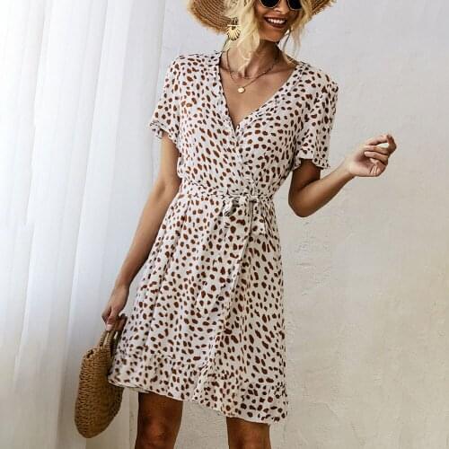 Summer Sexy Mini Short-sleeved Dress For Women 2021 New Fashion V-neck Lotus Sleeve Spotted Print Bandage Slim A-line Skirt