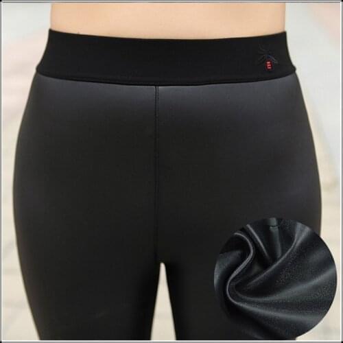 Winter Thicken Wool Faux Leather Pants PU Latex Slim Skinny Leggings Bee High Waist Women Fleeces Warm Pencil Trousers Capris
