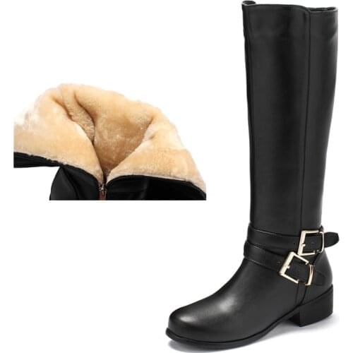 Winter Womens High Boots Fashion Black Brown Warm Fur Snow Boots Casual Knee High Boots Buckle Womens Winter Shoes Large Size