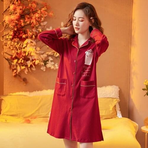 2021 Autumn Pure Cotton Women Nightgown Female Cute Floral Print Pocket Sleepwear Long Dress Lady Sleepshirt Casual Home Clothes