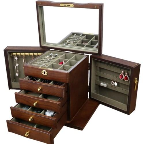 2021 New 5-Layer Wooden Jewelry Box Antique Multi-Function Large Capacity Lock Chinese Style Necklace Earrings Bracelet Storage