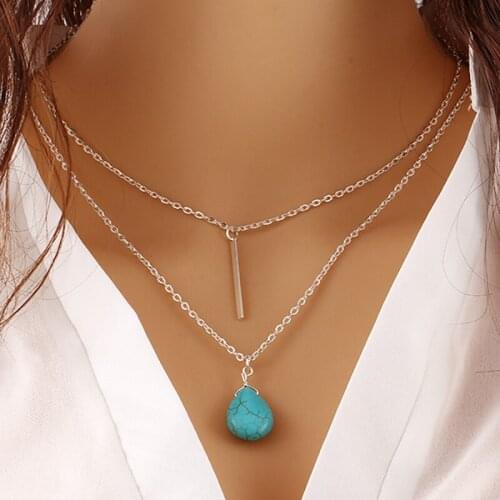 30 piece/lot Women Silver Color Necklace Pendant Clavicle Double Link Chain Blue Beads Statement Charm Bohemia Jewelry