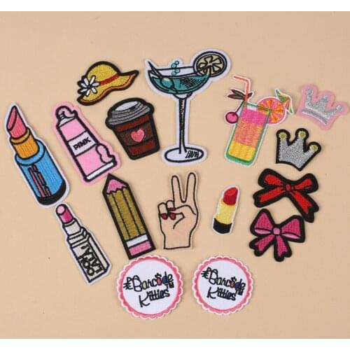 50pcs/lot Embroidery Patches Drink Bow Crown Lipstick Clothing Decoration Sewing Accessories Diy Iron Heat Transfer Applique
