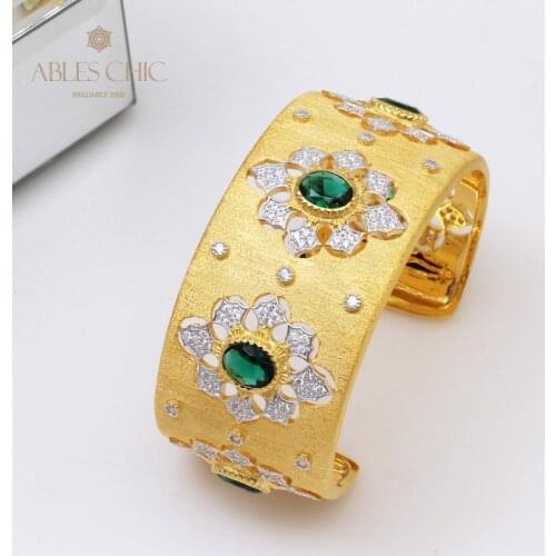 18K Gold Tone Emerald CZ Nature Flowers Bridal Bangle 925 Silver Wedding Rebirth Silky Dream Bracelet Renaissance Fine Jewelry
