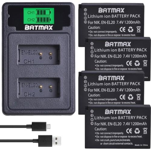 Batmax EN-EL20 EN-EL20A EL20 Battery+LCD Dual Charger with Type C Port for Nikon Coolpix P1000 Nikon1 J1, J2, J3 Nikon1 AW1
