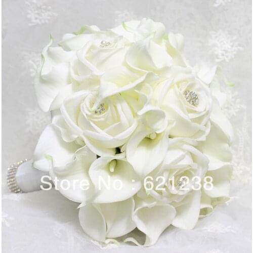 EMS Free Shipping,Bride holding white calla flower, calla lily wedding bouquets and roses combined Diamond Jewelry embellishment