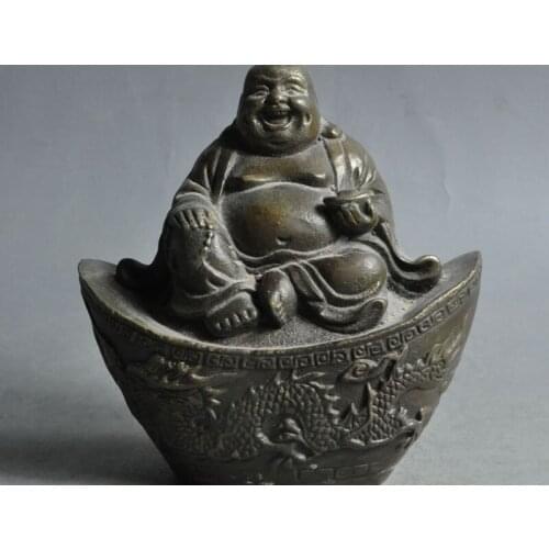Free shipping old chinese buddhism bronze wealth dragon phoenix yuanbao Maitreya buddha statue