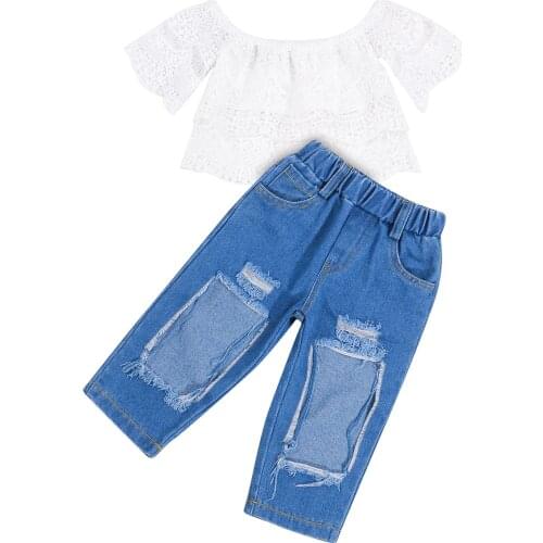 OPPERIAYA Baby Girls Two-piece Clothes Casual Set White Boat Neck Short Sleeve Tops and Blue Solid Color Jeans with Broken Holes