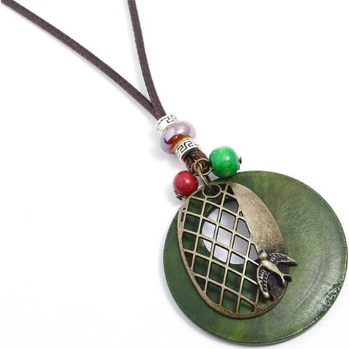 Bird Ethnic Wood Long Vintage Bead Charms Bronze Pendants Leather Necklace Women Sweater Chain Female Men Jewelry