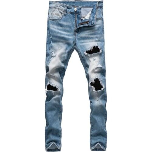 American Streetwear Fashion Men Jeans Retro Blue Elastic Destroyed Ripped Jeans Men Slim Fit Patches Designer Hip Hop Punk Pants
