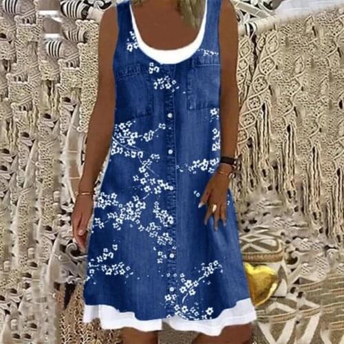 Summer Dresses Casual Women Loose Dress Digital Printing Sleeveless Two-piece O Neck Fake Pockets Buttons Vest Sundress Suit