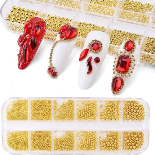 1Box Mixed Size Nail Art Mini Stainless Steel Metal Bead Grey Rose Gold Small Micro Caviar Nails Beads 3D Decorations