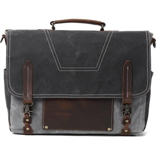 New Waxed Canvas Shoulder Bag Crazy Horse Leather Men Working Laptop Bag Vintage Style Large Capacity Man Hand Laptop Bag