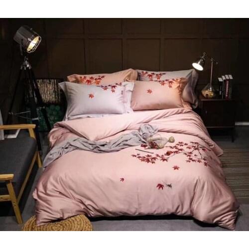Luxury Tribute silk bedding set queen king size 60S bed set 4pcs 100% cotton duvet cover bed sheet sets Embroidered pink white