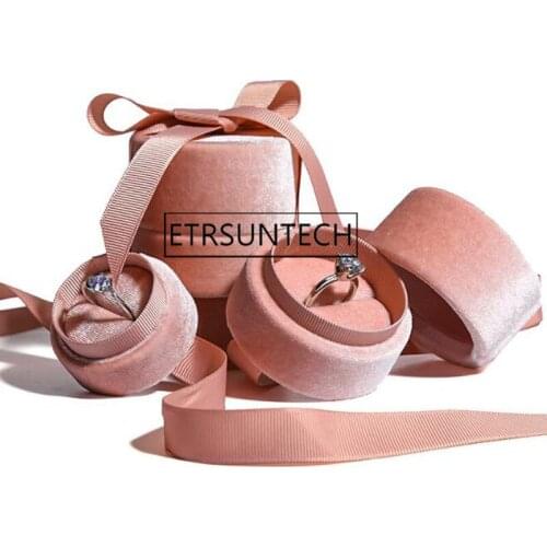 50pcs Pink Velvet Round Bowknot Jewelry Box for Wedding Engagement Ring Necklace Pendant Jewelry Packaging Display