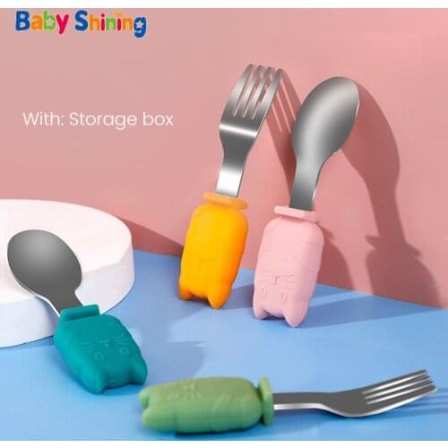 Silicone Spoon And Fork For Kid Baby Learns To Eat Training Spoon Food Supplement Fork Childrens Tableware Over One Year Old