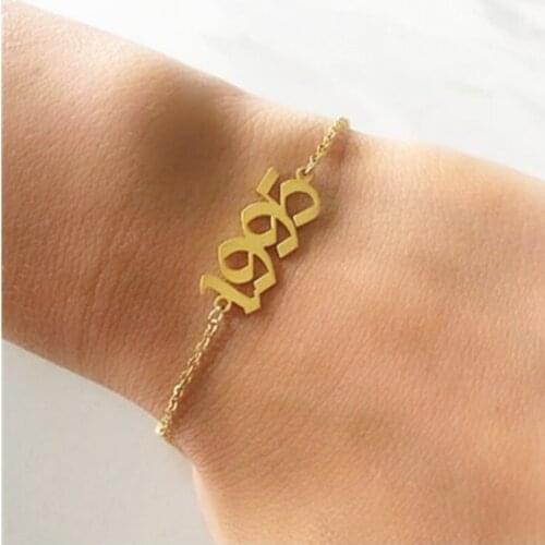 Old English Number Statement Bracelet Personalized Jewelry Women Custom Special Year Pulseras Mujer Birthday Date Gift